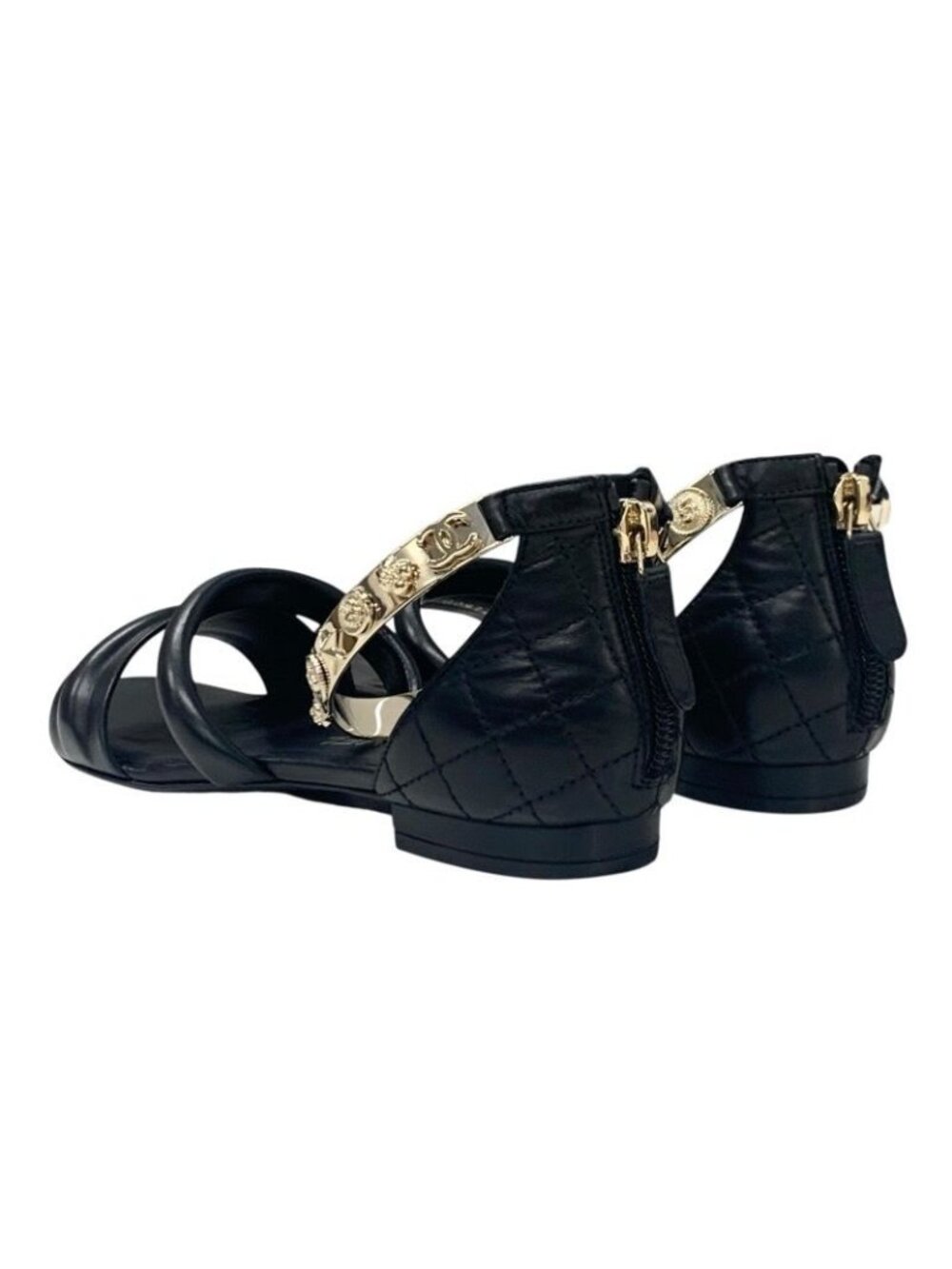 Chanel Sandals Shoes Leather Black Gold Coco Mark Icon Metal Strap Quilted - Picture 4 of 10